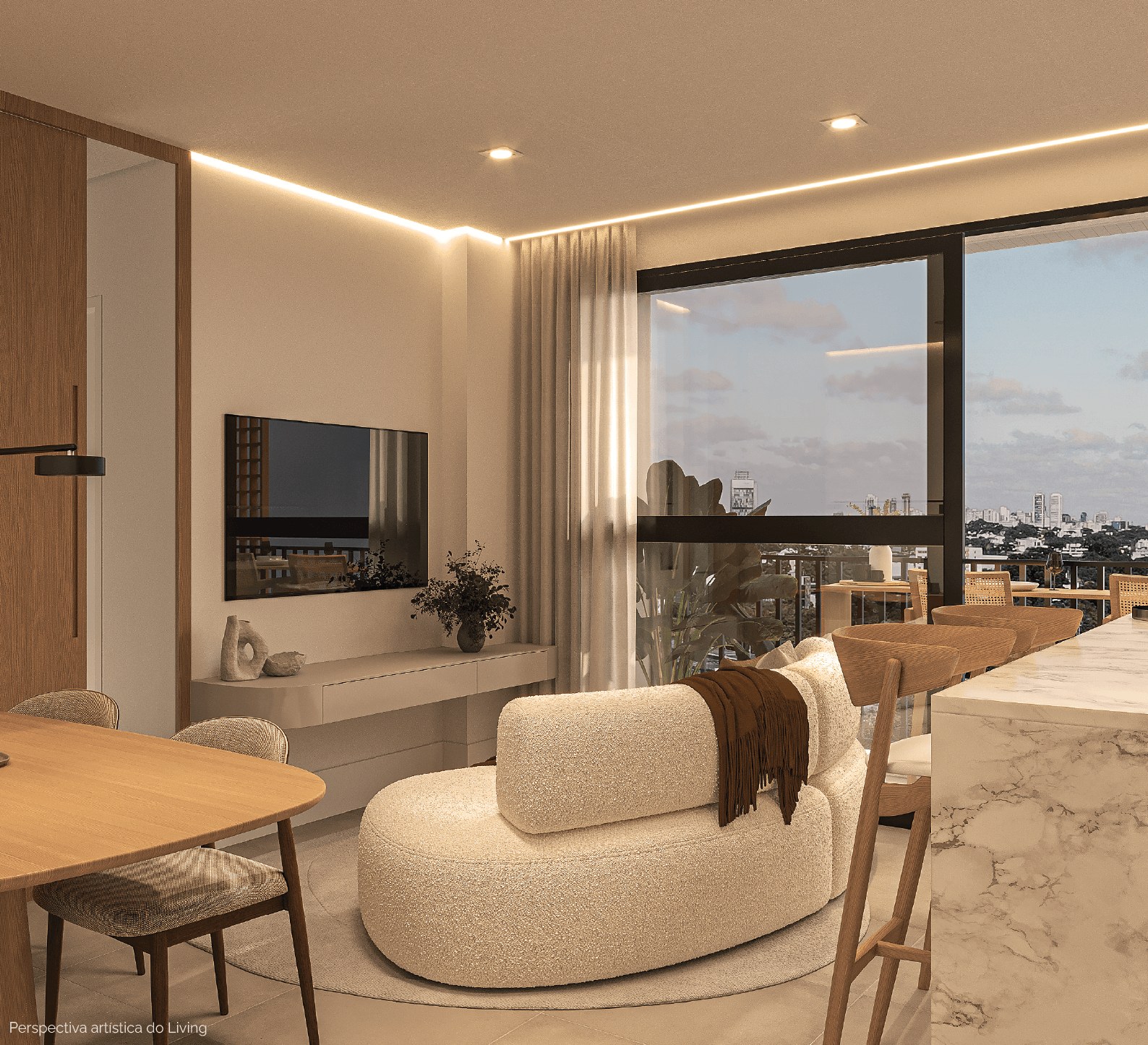 Living de um apartamento do Atto com vista para a cidade
